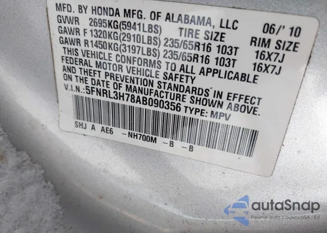2010 Honda Odyssey Ex-L from USA, damaged, VIN 5FNRL3H78AB090356